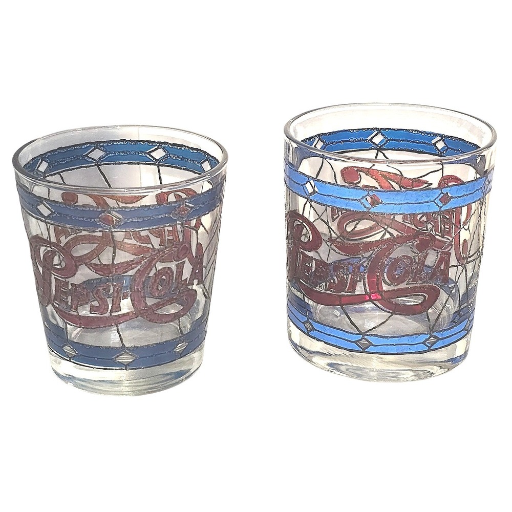 2 vintage PEPSI tiffany style lowball tumbler glasses red blue stain glass 3.5"
